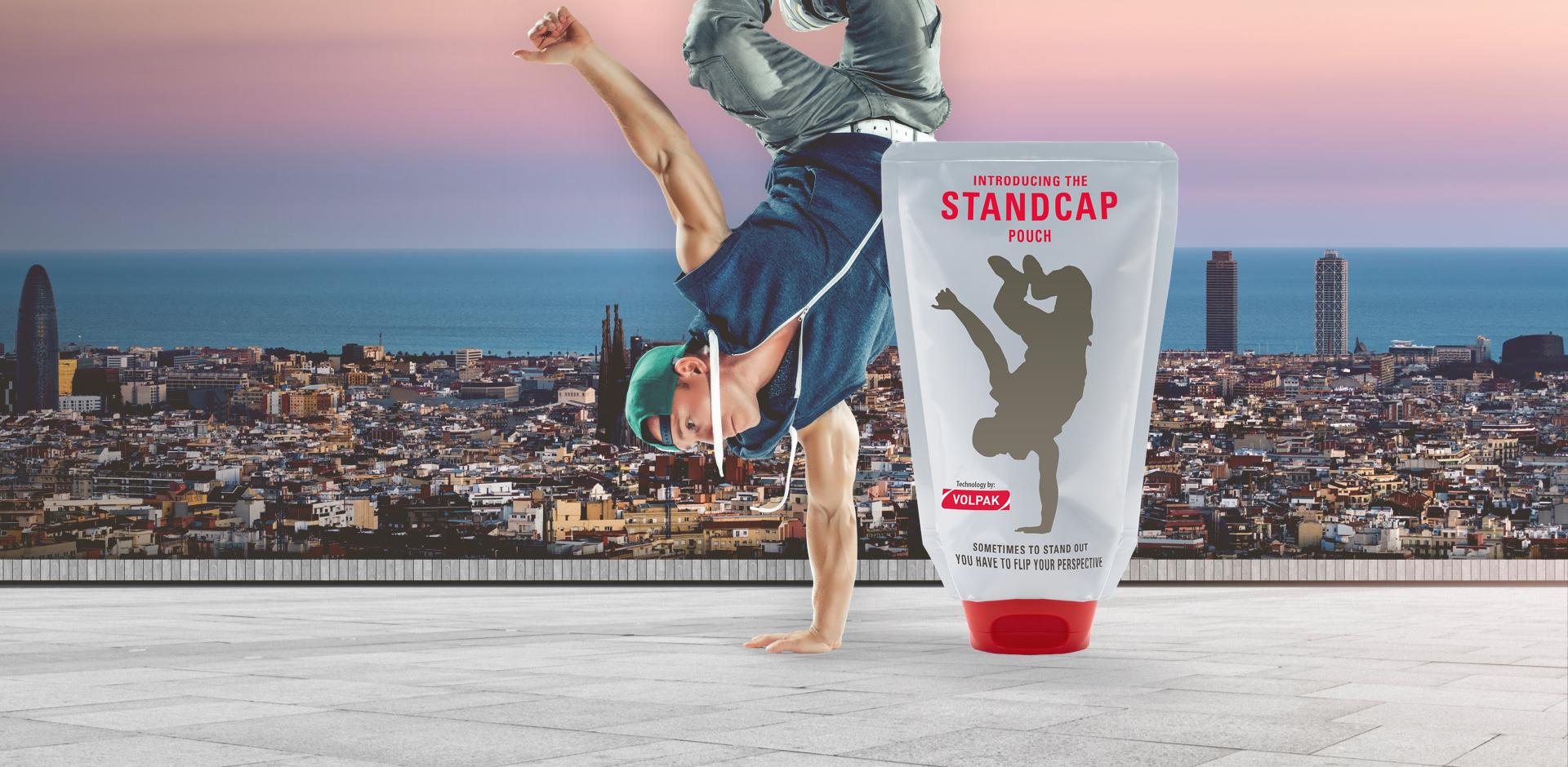 STANDCAP inverted pouch and breakdancer with Barcelona skyline