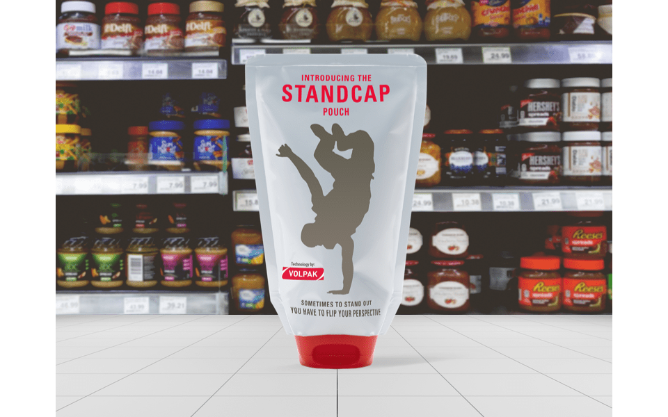 STANDCAP inverted pouch with jams and chocolate spreads in rigid jars in the back