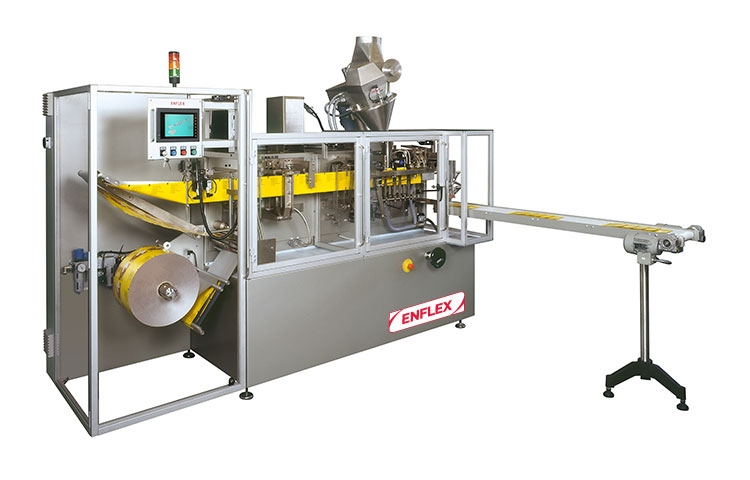 Enflex's flat sachet solutions: F14 One of the most successful pouching machines in the Enflex range thanks to its versatility and high production rate. 